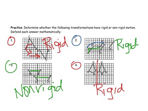 There are four types of <strong>rigid</strong> motions that we will consider: translation, rotation, reflection, and glide reflection. . Rigid or not rigid transformations answer key